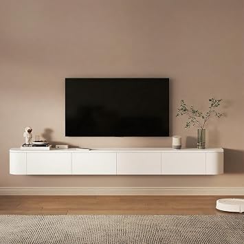 Modern Floating TV Cabinet with LED Lights, TV Stand Unit, Floating TV Stand, Wall Mounted TV Cabinet, Floating TV Shelf with 2 Drawers, Media Console for Living Room, Bedroom White, 240cm