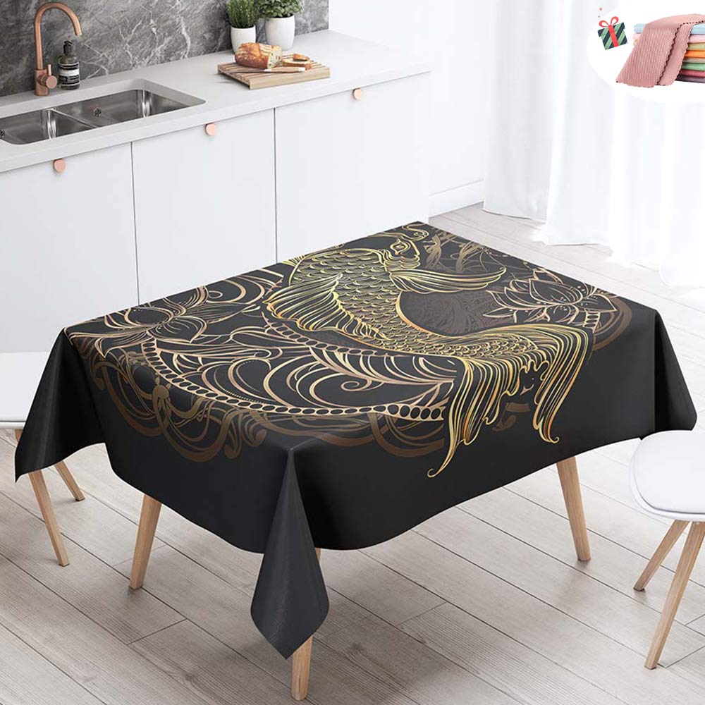 Morbuy Waterproof Table Cloths Rectangle, Stain-Resistant Tablecloth Easy Wipe Square Bronzing Print Oil-Proof Table Cover for Home Dining Garden Party Decorative (Golden Carp,140x160cm)