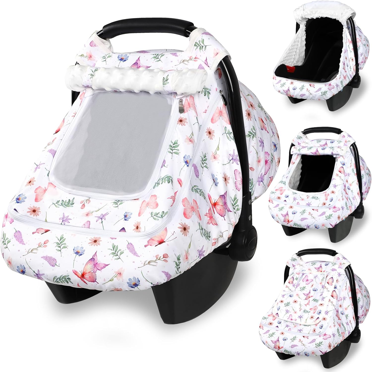 Baby Car Seat Cover, Pea Pod Universal Infant Car Seat Cover with Sunshade & Mesh Windows - Breathable Minky Lined Canopy Cover for Stroller- Soft Butterfly Carseat cover for Newborns