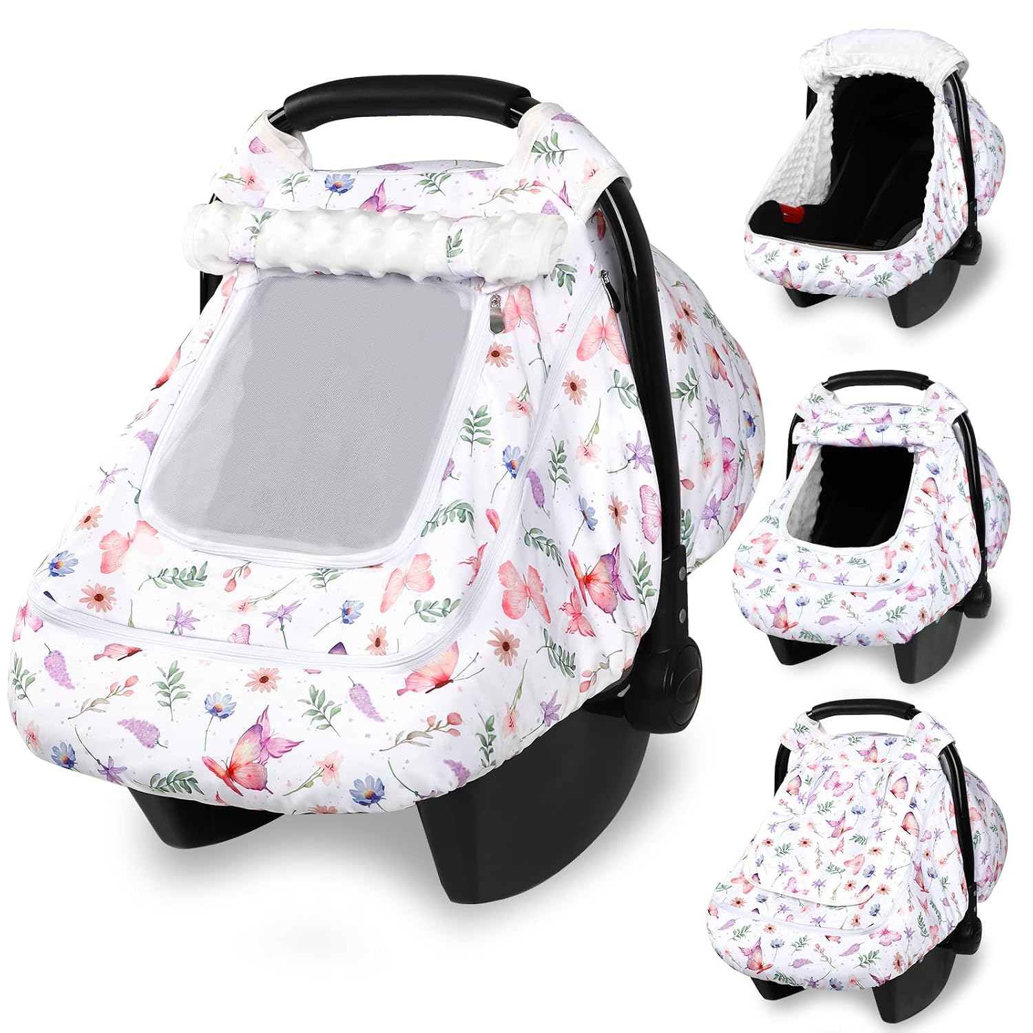 Pea Pod Baby Car Seat Cover, Universal Infant Car Seat Cover with Sunshade & Mesh Windows - Breathable Minky Lined Canopy Cover for Stroller- Soft Carseat Cover for Newborns, Butterfly Patterns