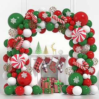 Janinus Christmas Balloons Garland Arch Kit Christmas Red Green White Balloons Christmas Balloon Arch with Snowflakes Ornaments and candy foil balloons for Christmas Decorations Xmas Party Supplies