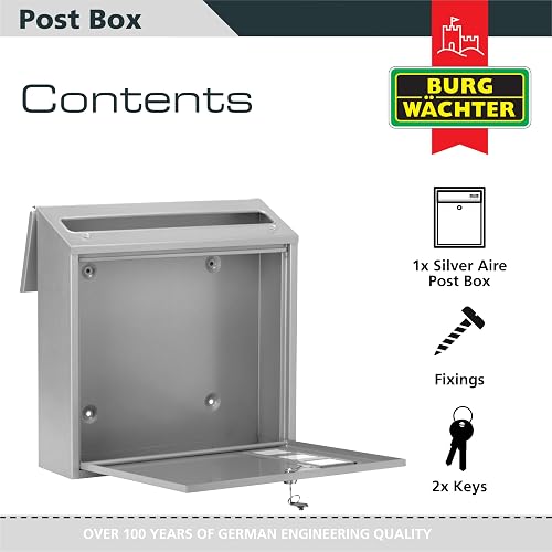 Burg-Wachter MB08S Aire Wall Mounted Galvanised Steel Lockable Weatherproof Post Box - Silver - 37x36x11cm - 3