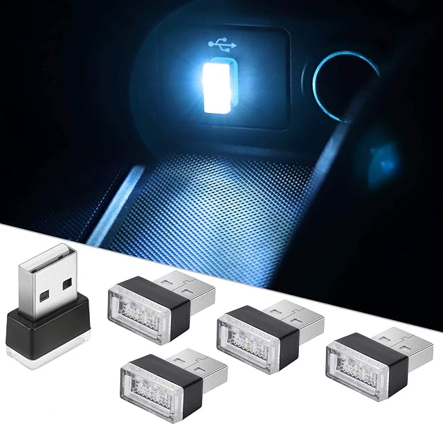 CTRICALVER 5 Piece Ice Blue Car LED Atmosphere Lights, Plug-in 5V Lights Mini Interior Ambient Lighting Kit for Cars, Laptops, USB Sockets, Night Lights and Extra USB Plugs Decoration