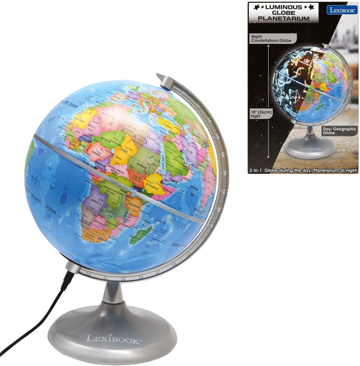 Lexibook Luminous Globe Planetarium, STEM, 2-in-1 Globe during the day, Constellation map at night, Blue/Black, NLJ185EN