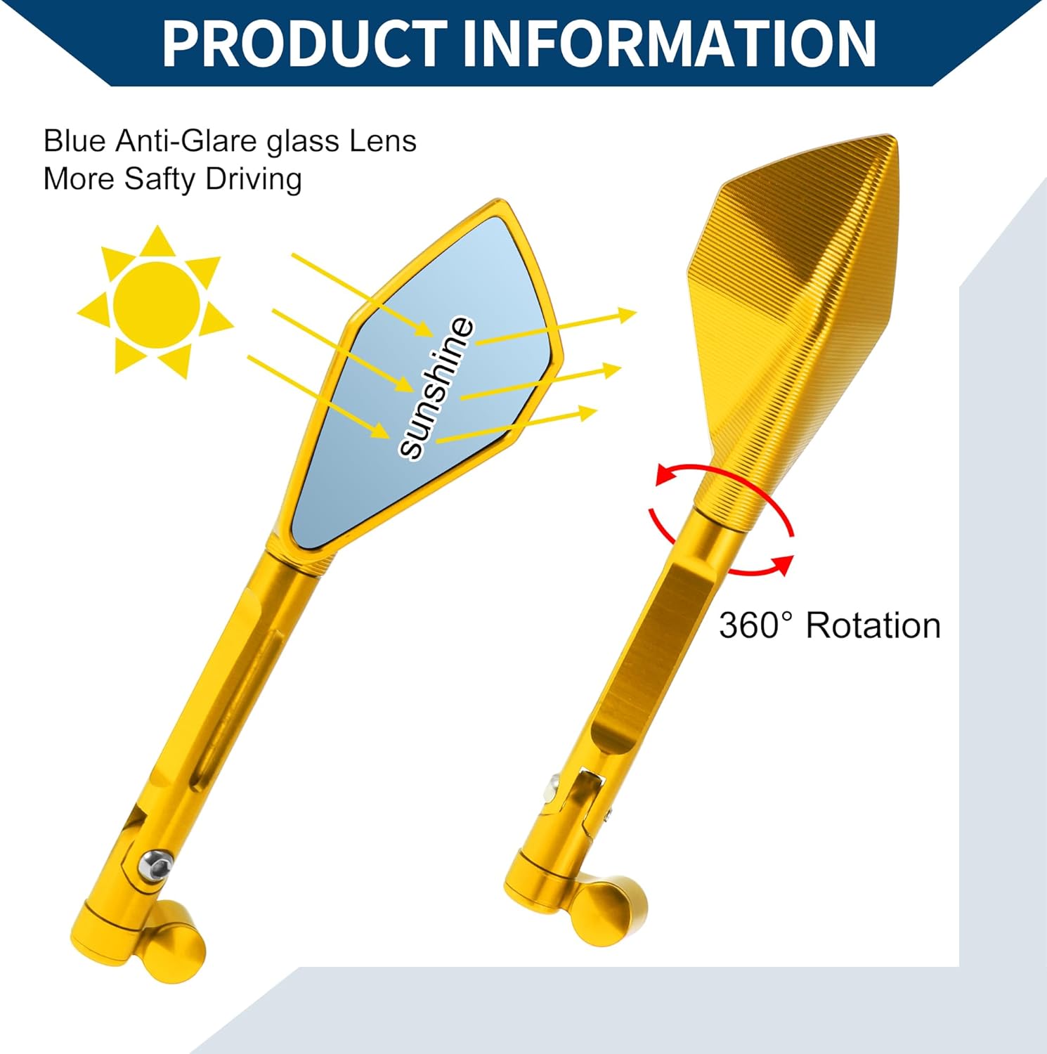 Motorcycle Rear View Mirrors Side Rearview Mirror Adjustable Aluminum Alloy 1 Set Gold Tone M8/M10 Prismatic Shape