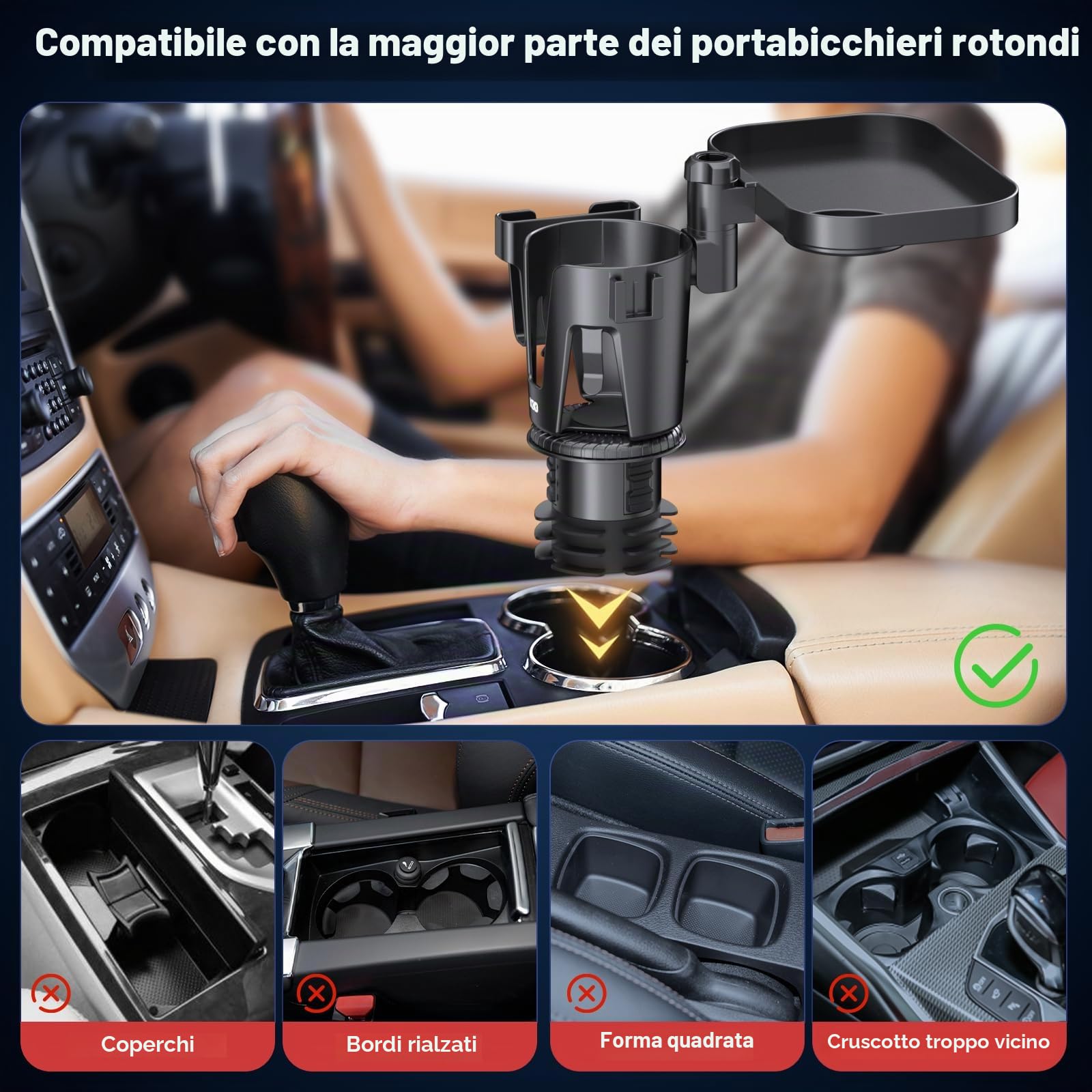 KDD Vassoio Portabicchieri per Auto Multifunzionale - 3 in 1 Vassoio per Alimenti per Auto Staccabile e Base Regolabile, Supporto Telefono e Portabevande a 360° Rotazione per Veicoli Viaggi Nero