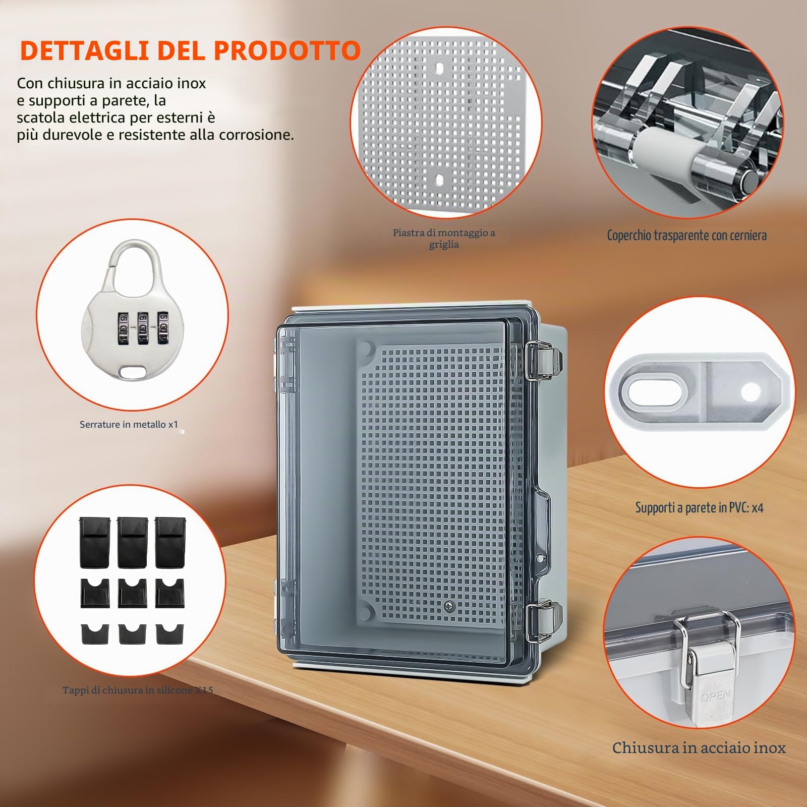 Scatola di giunzione impermeabile IP65 per esterni alloggiamento industriale armadio trasparente esterno con accessori montaggio a parete e serratura (29x19x14 cm)