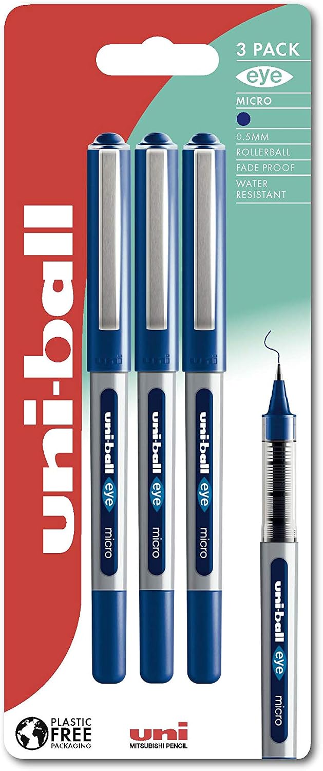 uni-ball UB-150 Eye Micro Rollerball 3pc Blister Blue Plastic Free Packaging