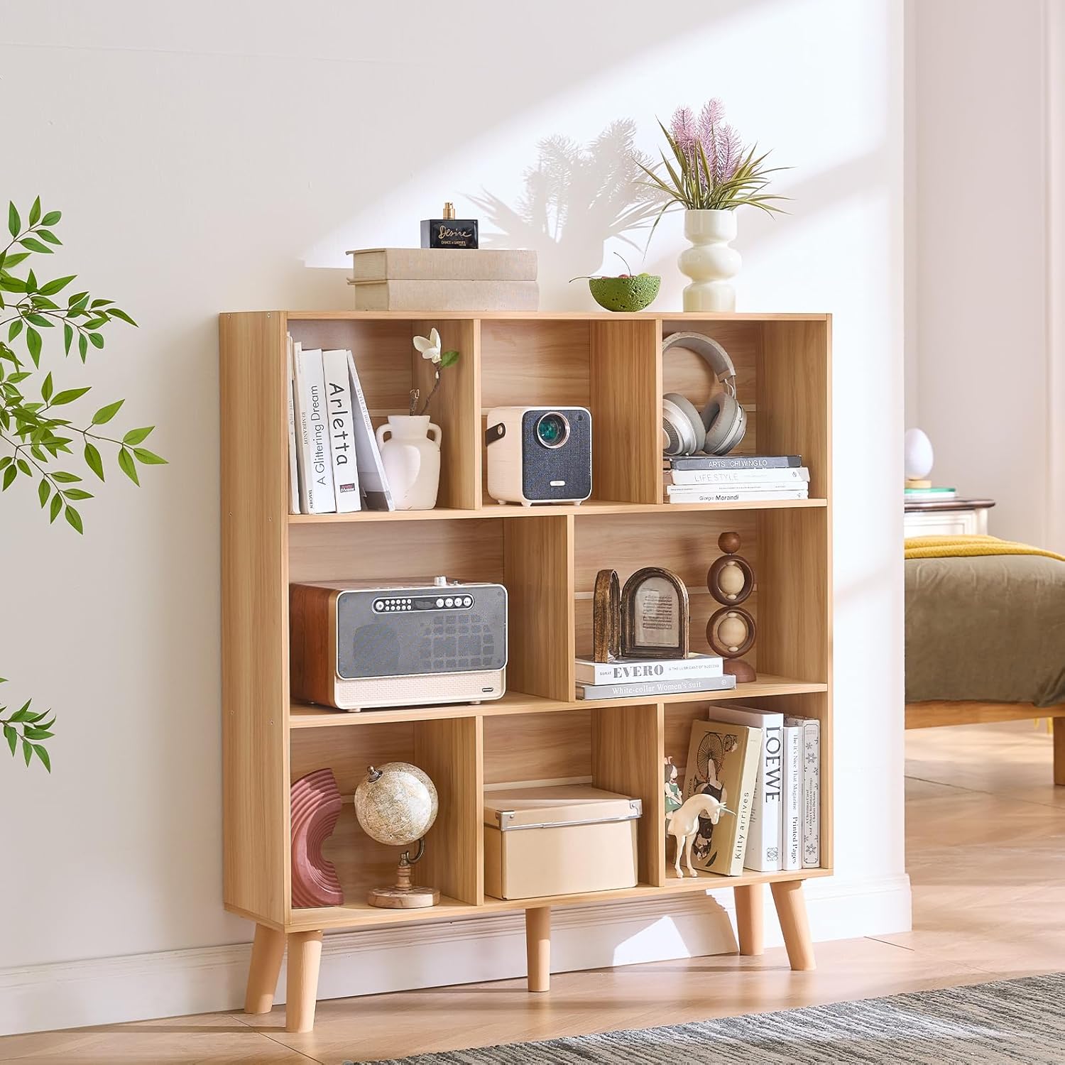 LEYAOYAO Wooden 8 Cube Book Shelf, Natural 3 Tier Bookshelf with Legs, Modern Open Storage Organizer,Boho Bookcase,Display Cabinet Shelf Free Standing Bookshelves for Bedroom,Living Room,Office 8 Cube with Legs Natural
