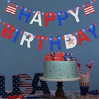 4th of July Birthday Banner with light, Happy Birthday Banner with Fairy String Light, 4th of July Independence, Birthday, Veterans Day, Glitter US Star Red White Blue LED Decorations