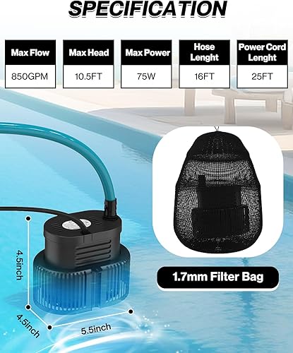 Miniatura 5 de Bomba de Cubierta de Piscina Sobre el Suelo - Bomba Sumergible de Sumidero, Bombas de Eliminación de Agua de Natación, con Manguera de Drenaje y