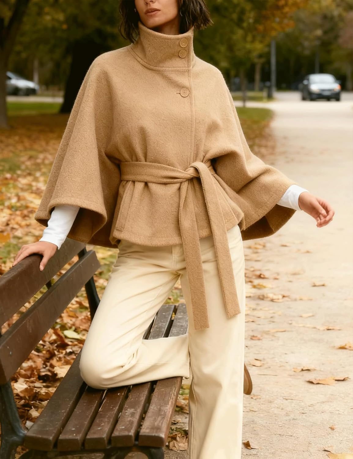 Womens Batwing Sleeve Ponchos Pea Coat Wool Bland Fall Winter Collar Belt Capes Jacket Cropped Overcoat