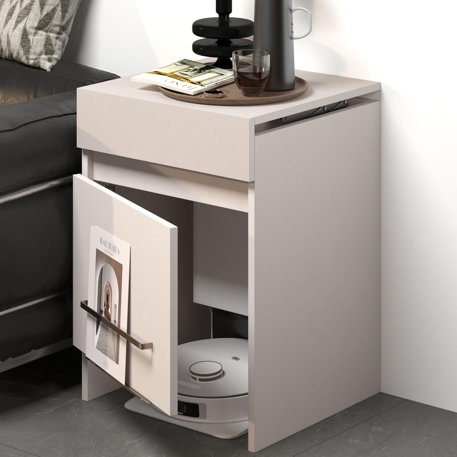 Meuble aspirateur robot avec changement d'eau facile et tiroir