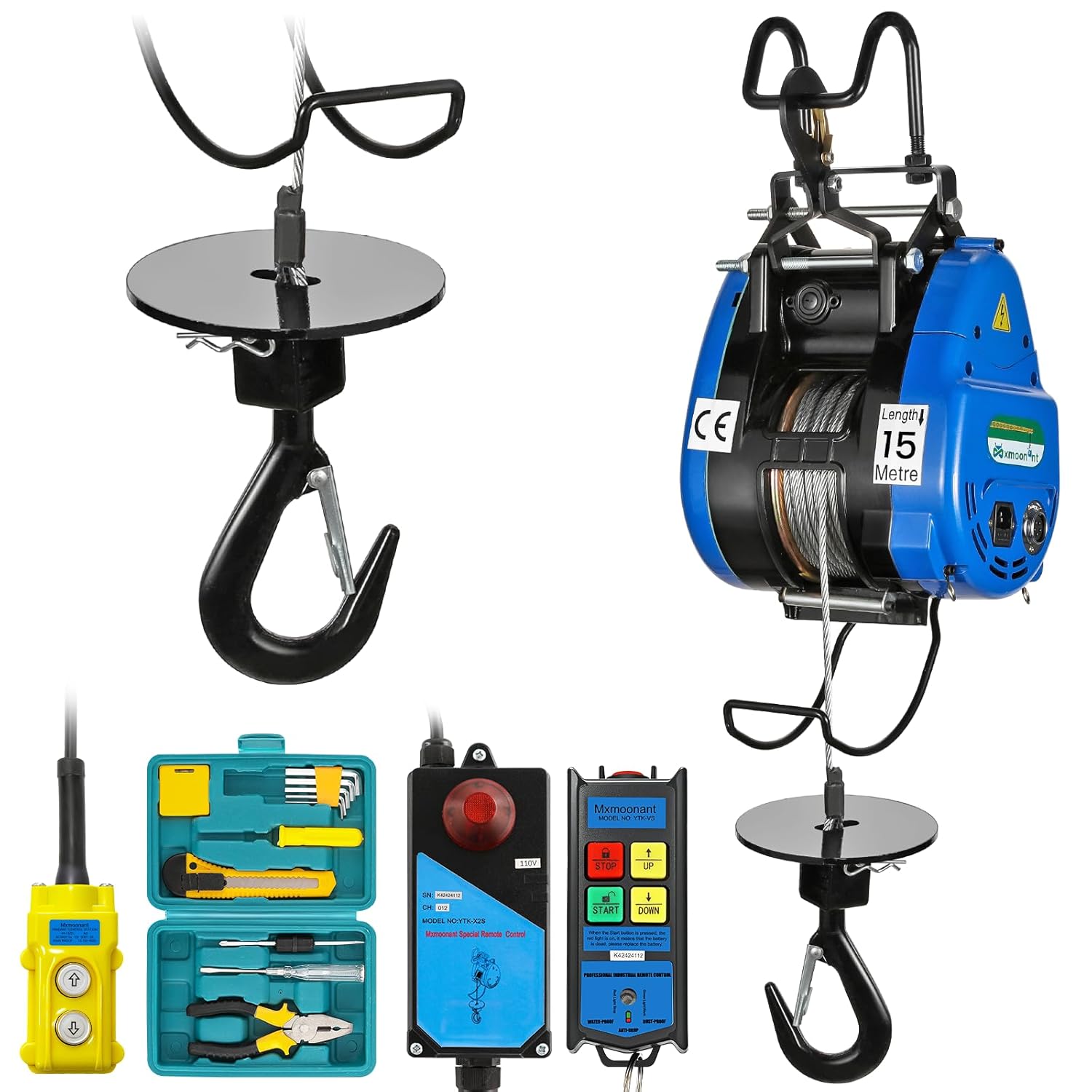 Mxmoonant 2 in 1 Fast Electric Hoist 550lb/250kg, 49ft/15m Lifting Height, Pendant & Remote Control, 19m/min Quick Speed, Double Hook for Garage, Repair Shops, Constructions, Workshops