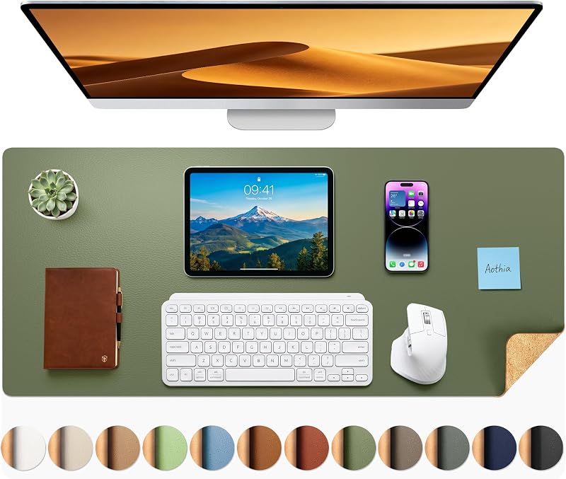 Aothia Dual-Sided Desk Mat - Natural Cork & Leather Desk Protector, Large Mouse Pad & Writing Pad for Office/Home, Olive Green (35.4" x 15.7")