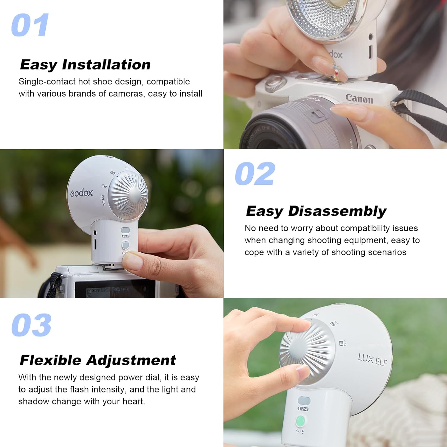 Godox Lux Elf Retro Camera Flash Kit for Beginners, 400 Flashes at Full Power with Visual Guide Power Selection Dial, S1/S2 Optical Control for Fuji, Canon, Nikon, Sony, Olympus for traveling shooting