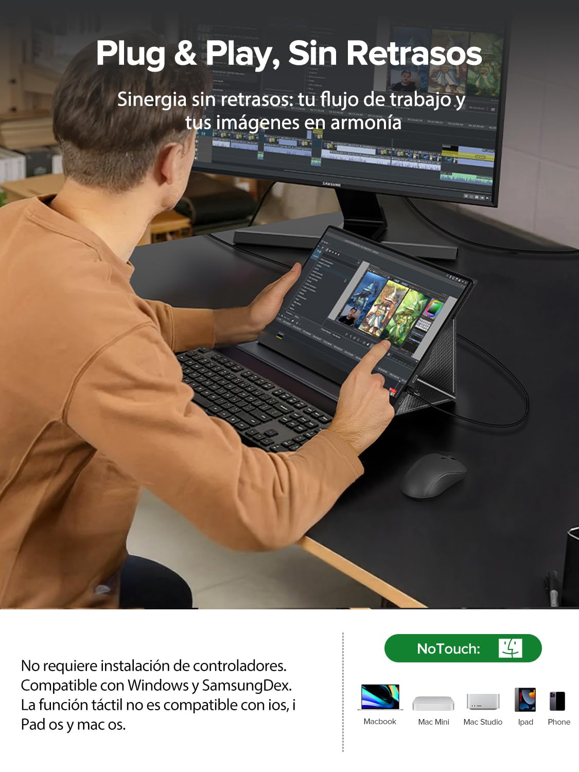UPERFECT Monitor Portátil Táctil 15.6" 125% sRGB Portable Monitor de Viaje Mate 2000:1 Contraste FHD EyeCare Bolsa Multifuncional de Cuero, Pantalla Portátil para Laptop/PC/Teléfono/Game Console