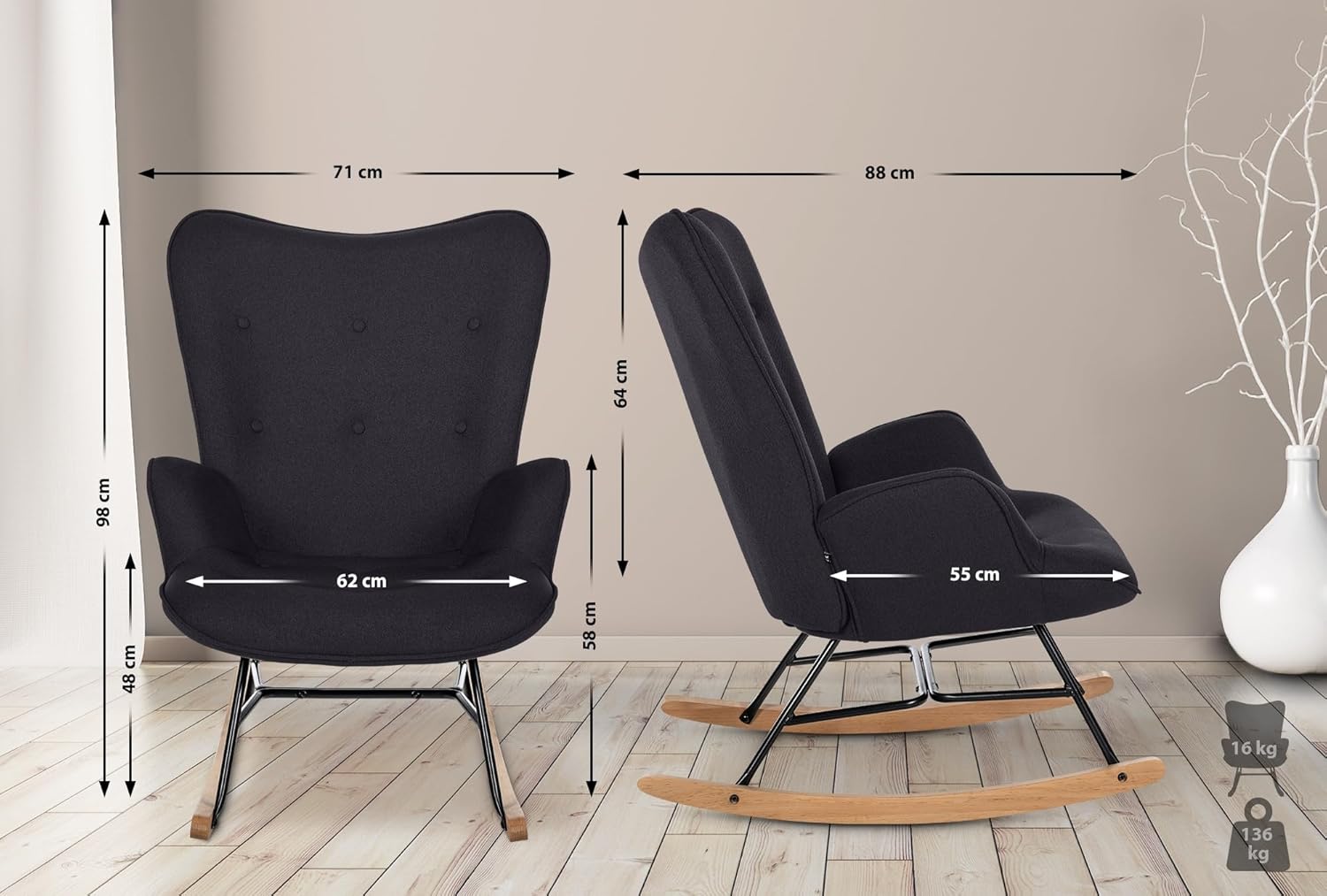 Detailed dimensions of the CLP Sanka I Rocking Chair