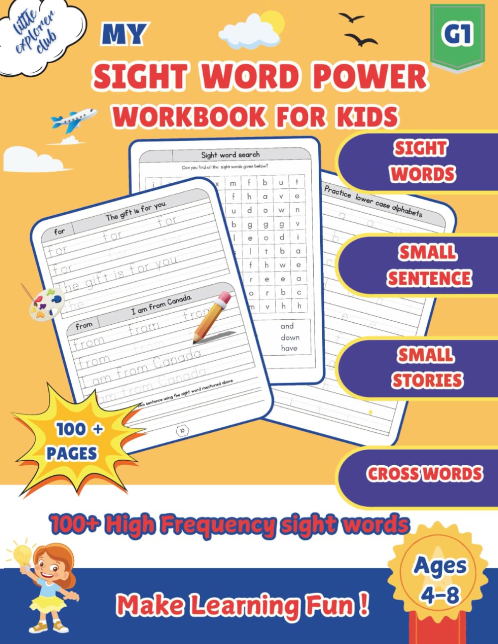 SIGHT WORDS WORKBOOK FOR KIDS: 100+ High-Frequency sight words for Kindergarten to 2nd Grade. Practice reading and writing with sample small sentence, small stories and crosswords .