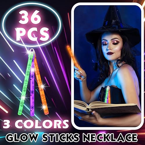 Miniatura 4 de Libima Juego de 36 collares de 8 pulgadas con palitos brillantes de Halloween con tapas y cordones brillantes de calabaza de araña brillante que