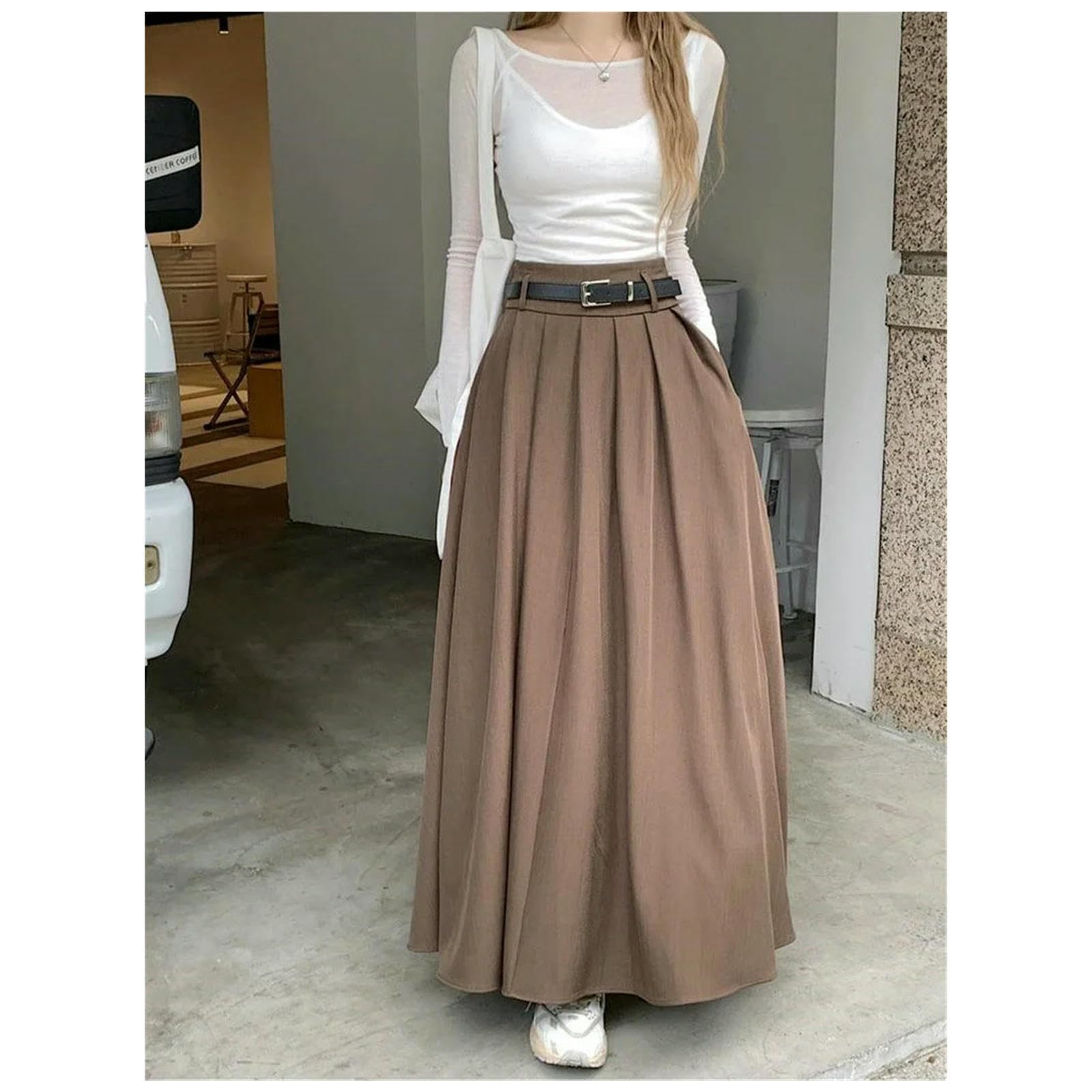 Gonna Lunga Svasata Plissettata Jupe A Vita Alta da Donna Ampia Allentata per Ufficio Moda Vintage Falda Holiday-Grigio-s