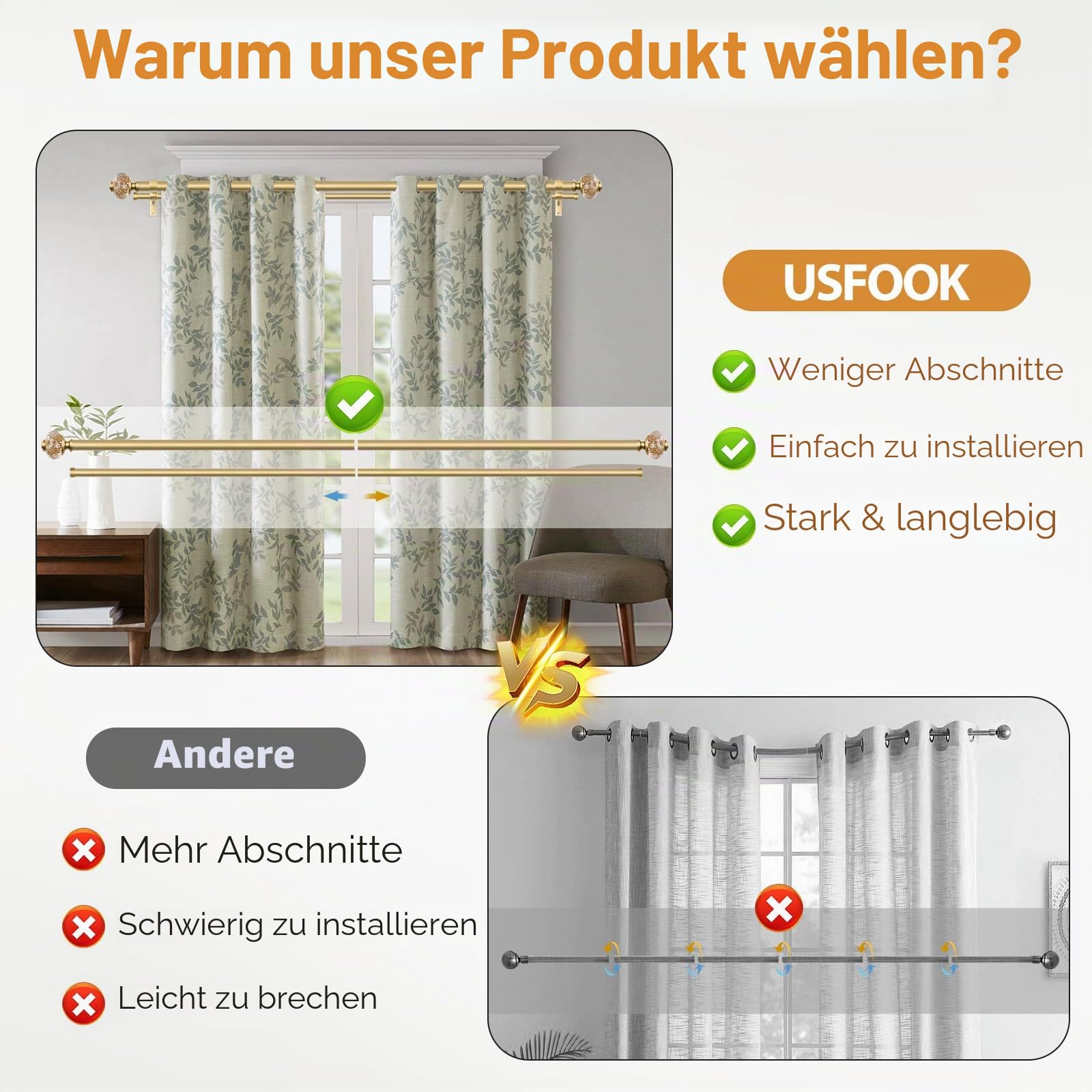 2,5 cm goldene Doppel-Gardinenstangen 91,4 bis 182,9 cm (3 bis 1,8 m), USFOOK Gardinenstangen für Fenster, Teleskop-Doppelvorhangstange mit luxuriösen durchscheinenden Endstücken