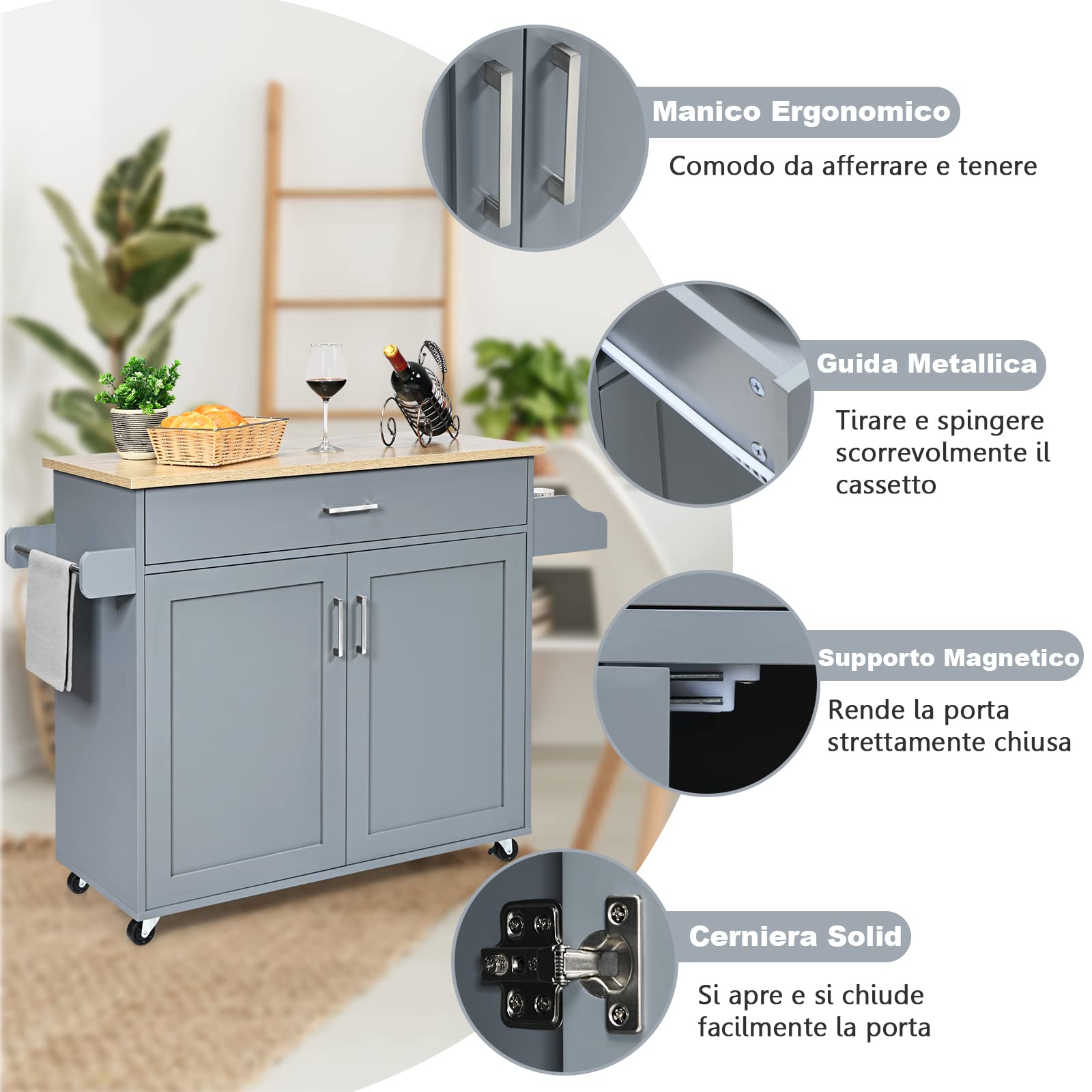 GYMAX Carrello Portata da Cucina, Armadietto a 2 Livelli, Ripiano Interno Regolabile, Credenze Mobili con Ruote, Ante Doppio, Cassetto, Portaposate, Portasciugamani, 116x40x85 cm, 5 Colori