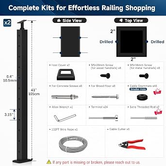 42 Modular Cable Railing Kit 4–8FT, Adjustable Top Black Cable Railing System 2 Level Post Kit with Swage Terminals, Cable Length Adjustable Easy DIY for Deck, Stair, Balcony (No Handrail)