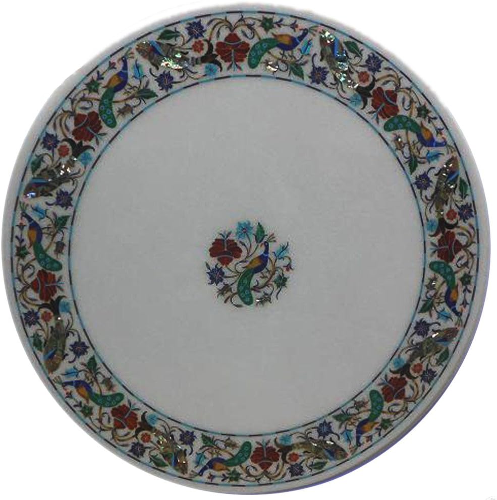 White Marble Inlay Pietra Dura Round Table Top 12" inch ~ Beautiful Simple Pracock And Flowers Design Home Decor Handmade Table Top Made For One Semi-Precious Stone Indoor and Outdoor For Gift Purpose
