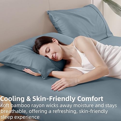 Miniatura 4 de GOKOTTA Sábana bajera tamaño Queen  Bolsillo de 16 pulgadas, 100% rayón hecho de bambú, sábana inferior súper suave y refrescante con correas
