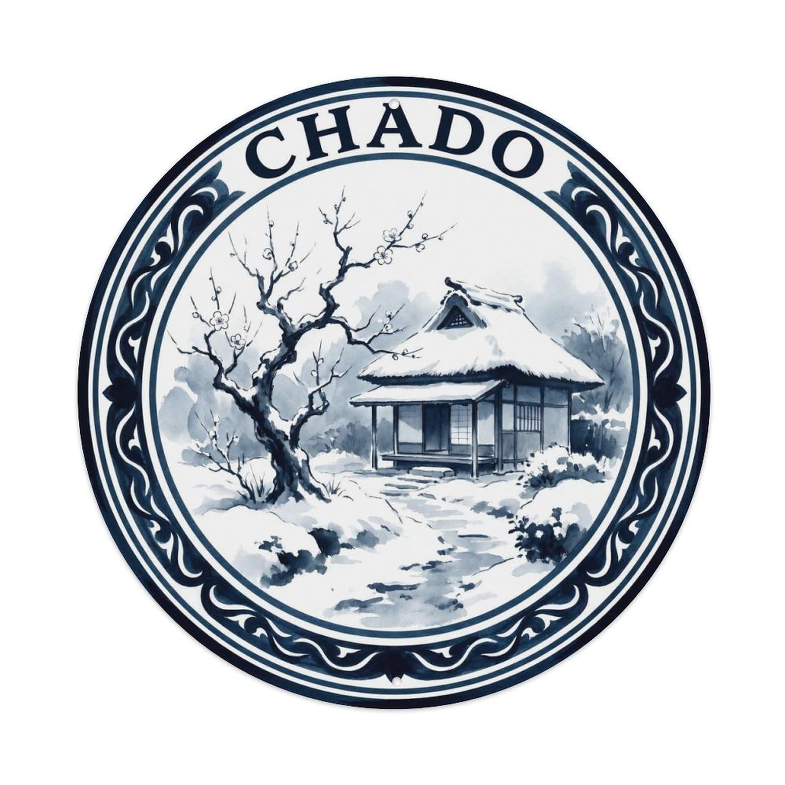 Olyhtr 8X8inch Classic Style Chado Tea House Winter Snow Ink Wash Blue Japan Metal Tin Sign