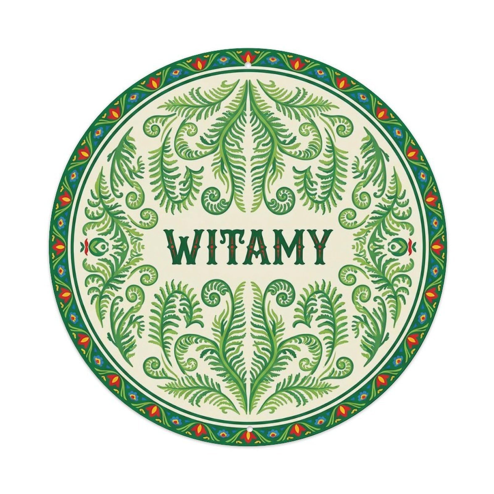 Vintage Polish Folk Art Witamy Welcome Ostrich Fern Metal Tin Sign