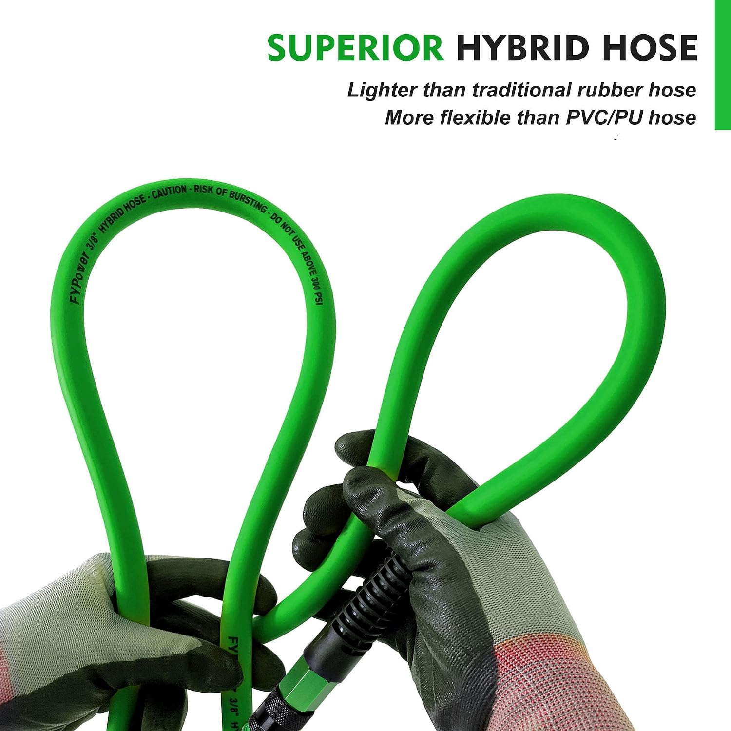 Hybrid Air Hose 3/8 in x 25 ft | Heavy Duty, Lightweight, Flexible, Kink Resistant, 1/4" Universal Aluminum Fittings, Green