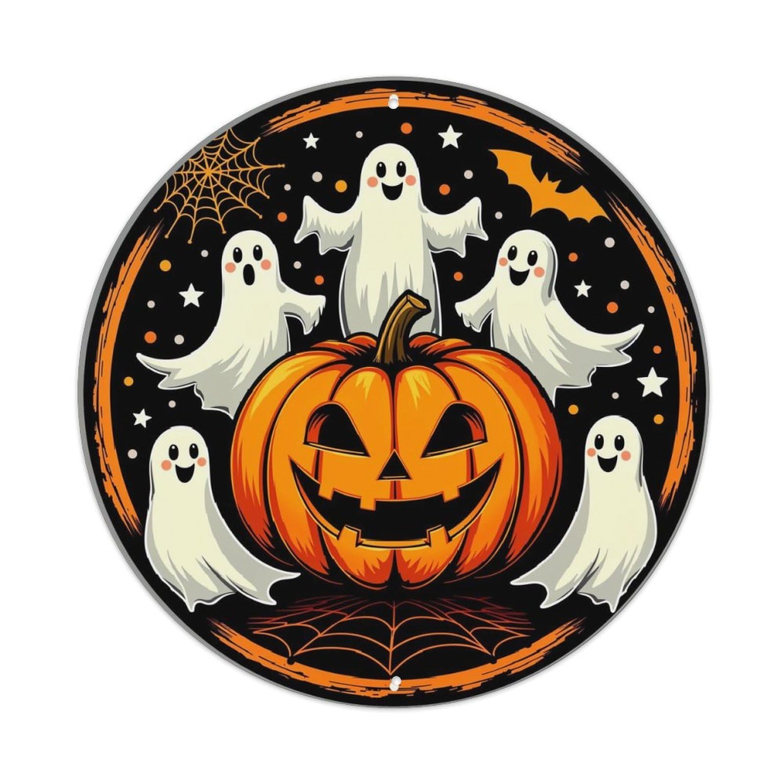 Pumpkin Ghosts Stars Bats Web Retro Metal Sign Round Tin Sign, Vintage Decor Art Poster for Bar, Home, Man Cave, Kitchen, Laundry Room Gift 8x8Inch