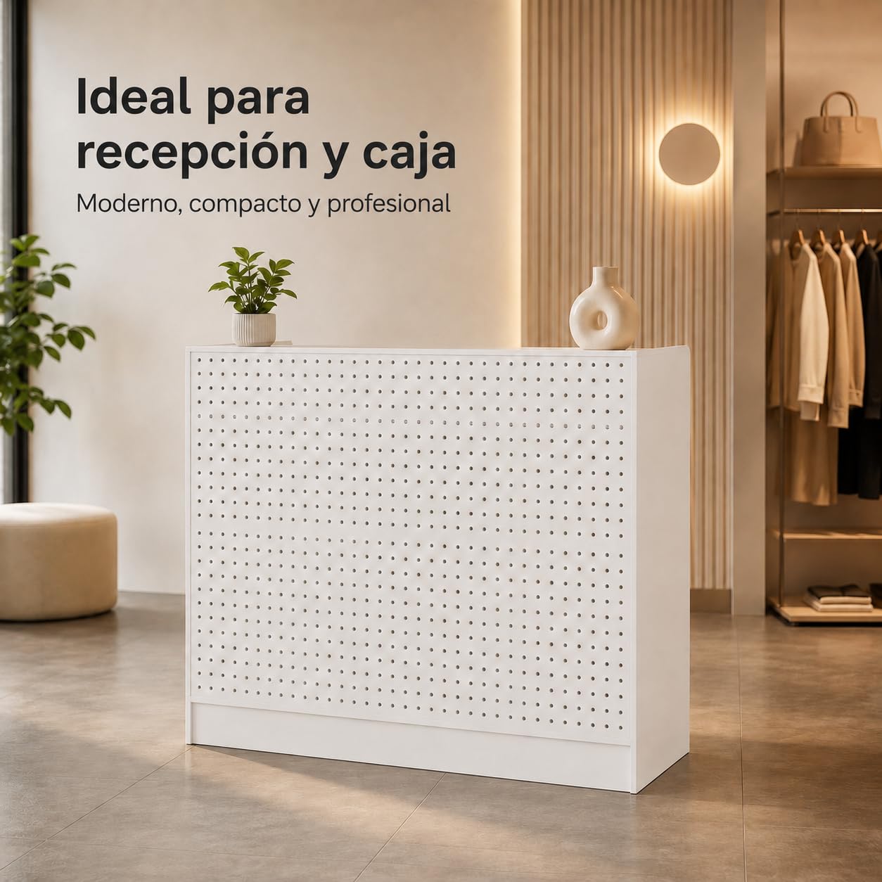 Mostrador de Recepción Blanco 120cm con Panel Perforado – Caja Registradora con 3 Estantes Ajustables, 2 Cajones con Llave, Puerta y Almacenaje – Mostrador para Tienda, Salón, Oficina, 120×110×50cm