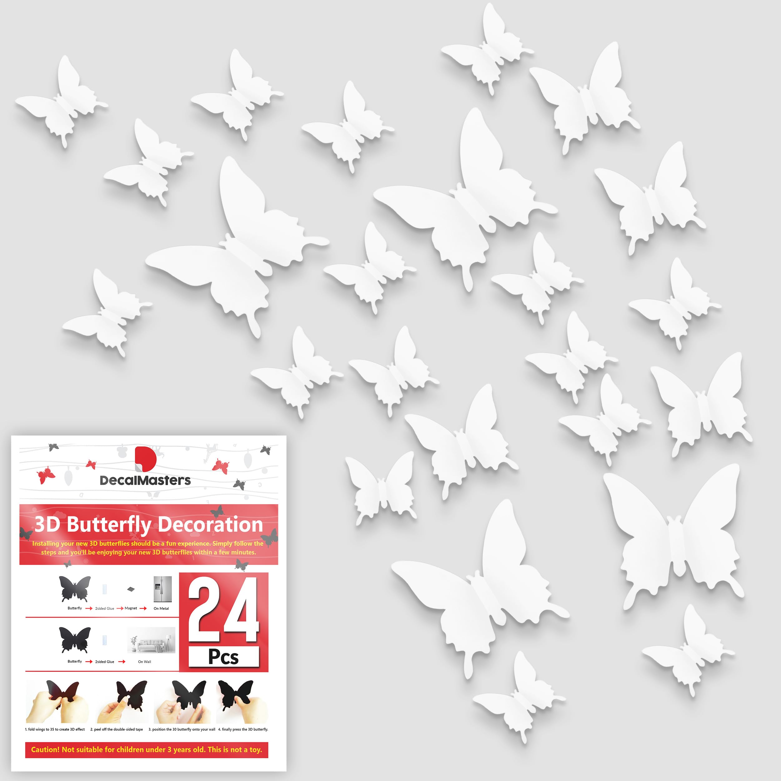 DelacMasters 3D Butterfly Wall Stickers, 3 Sizes Wall Decals Room Wall Decoration for Bedroom Party Wedding (24, White)