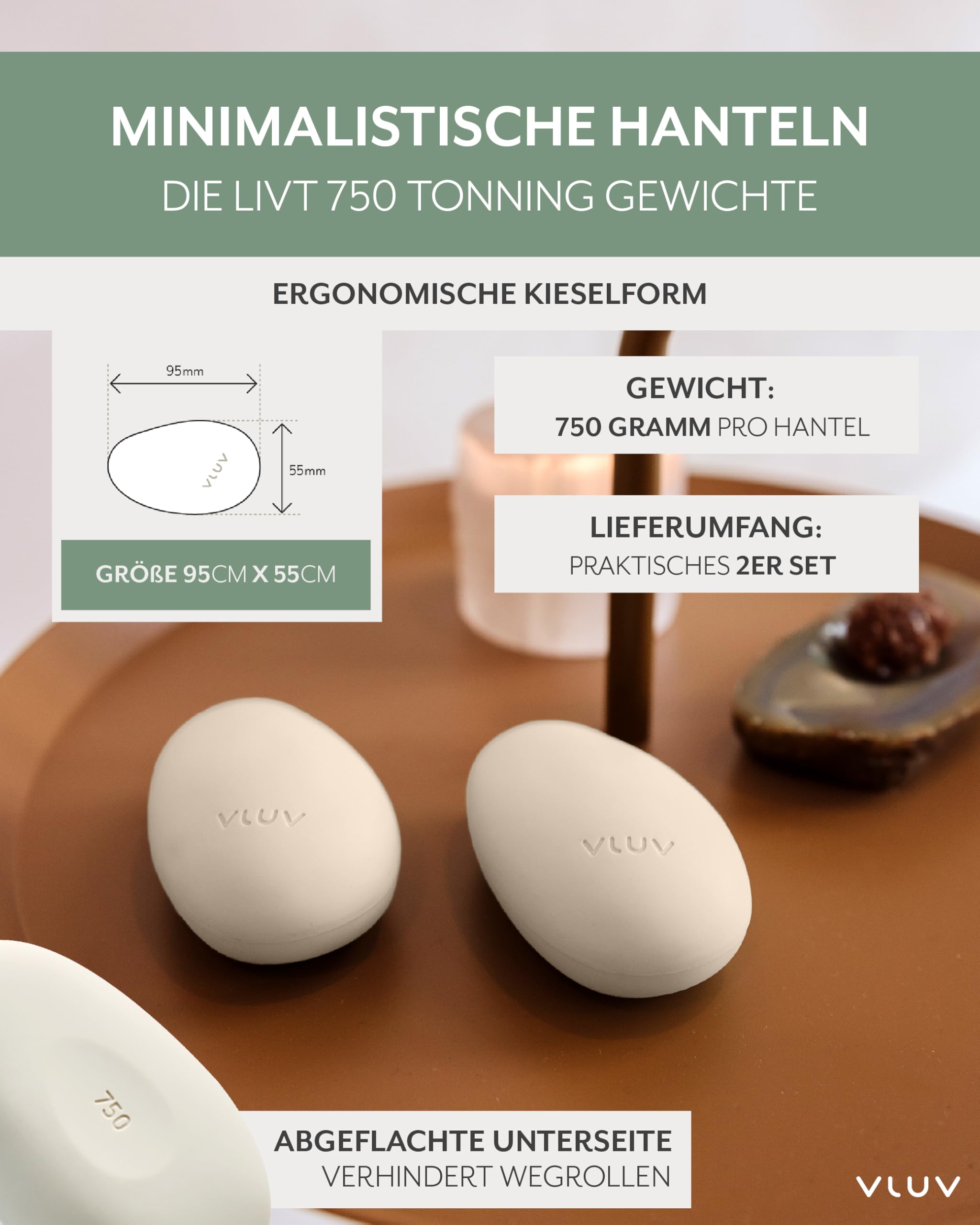 VLUV LIVT Toning Gewichte 750g - 2er Set [ergonomische Handgewichte mit rutschfester Silikonoberfläche] Kurzhanteln 2er Set - Hanteln Frauen Set - Gewichte Hantel Männer (Gravel)