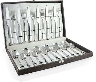 FnS Victoria Stainless Steel 24 Pc Cutlery Set with Leatherette Box Packaging, Round Handle (6 Dinner Spoons, 6 Dinner For Price In India