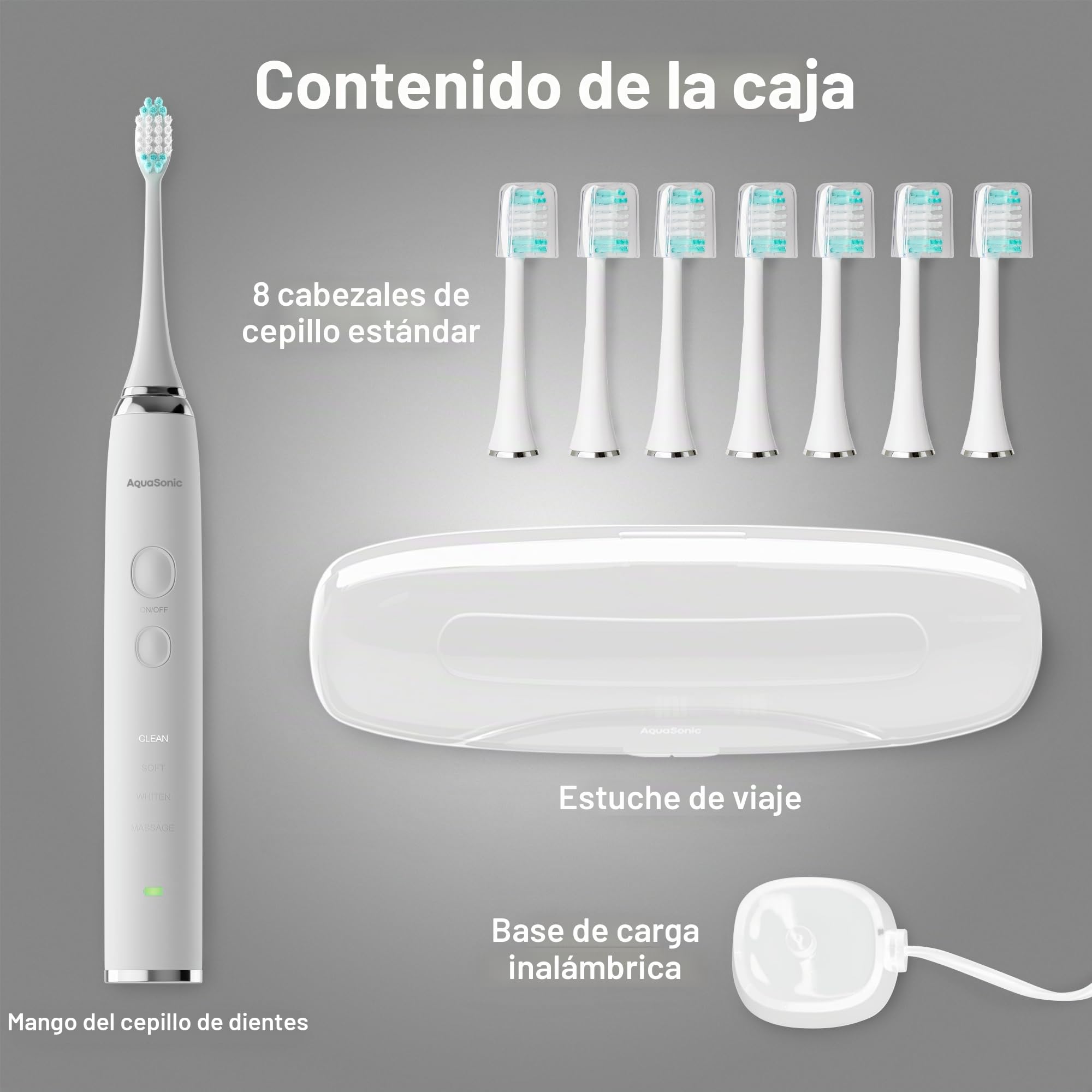 AquaSonic Vibe Series cepillo de dientes para un blanqueamiento extremo, aceptado por la ADA, con 8 cabezales y estuche viaje, motor ultrasónico carga inalámbrica, 4 modos temporizador inteligente