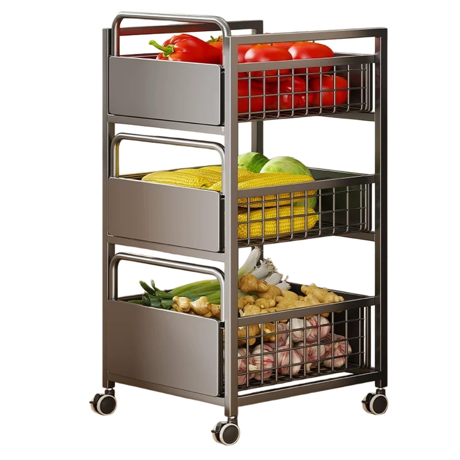 Magazzinaggio Carrello for verdure con rotelle a 3 livelli, organizer mobile for ripiani for frutta e verdura da cucina(Nero,Piccolo)