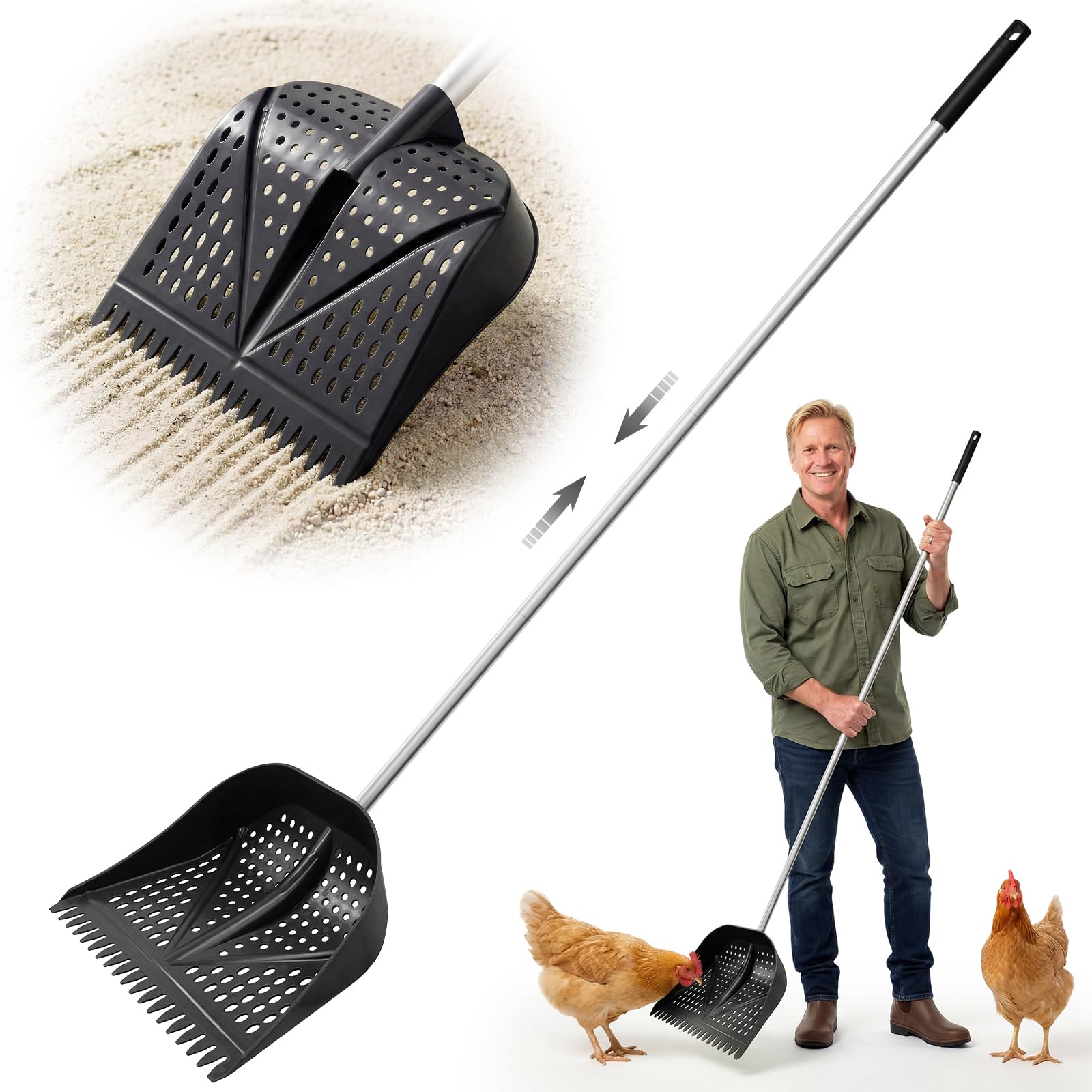 Heavy-Duty Yet Lightweight Chicken Poop Scooper & Rake 2-in-1, Adjustable Handle Length from 38" to 66", Features Manure Sifting Capability – Ideal for Chicken Coops and Farm Animal Cleaning (Black)