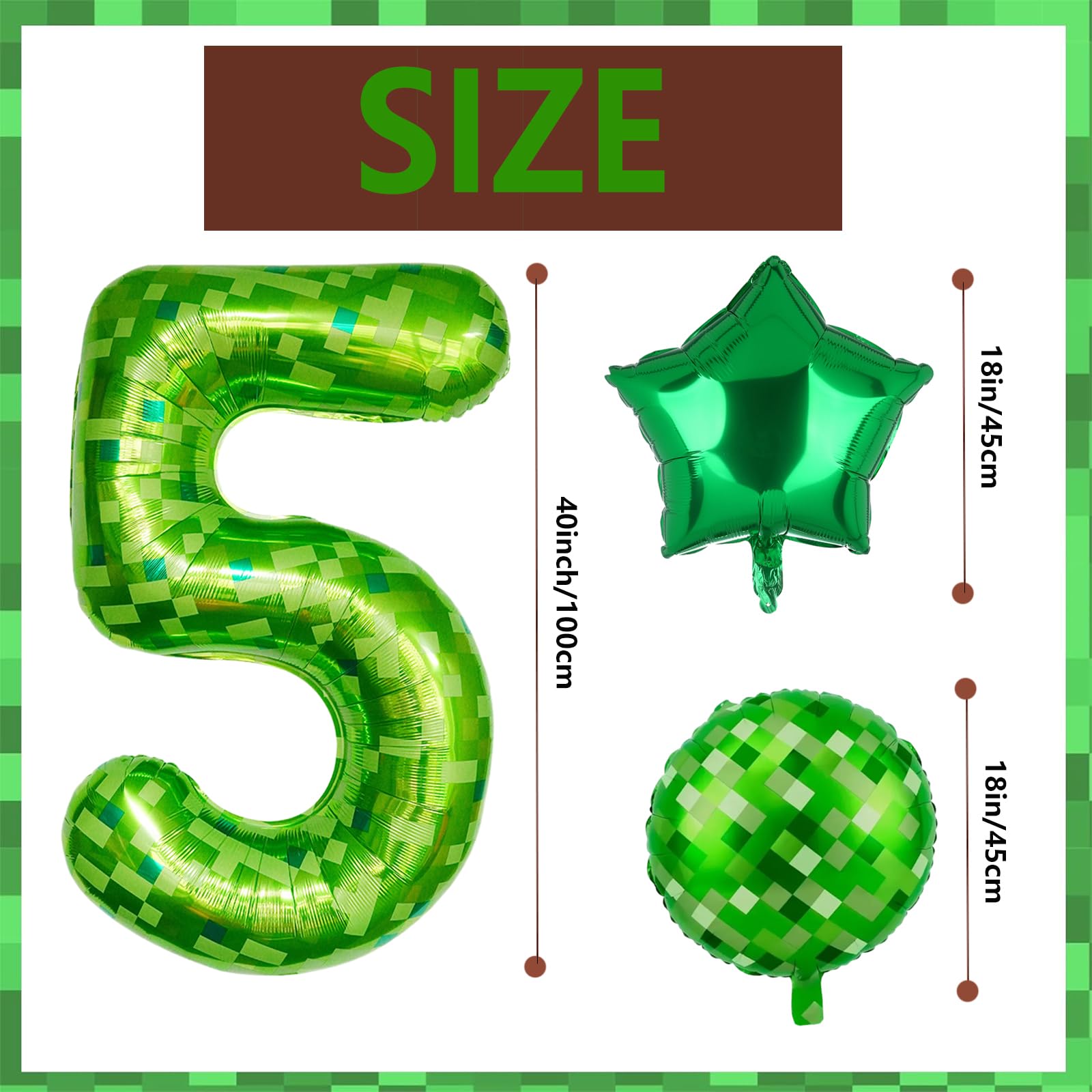 Zestaw balonów foliowych z motywem minera nr 5, zielone piksele, 5 szt., duże balony z mylaru, motyw górniczy, 5. cyfra, dla chłopców, dziewcząt, kostki pikseli, gry wideo, dekoracje na przyjęcie