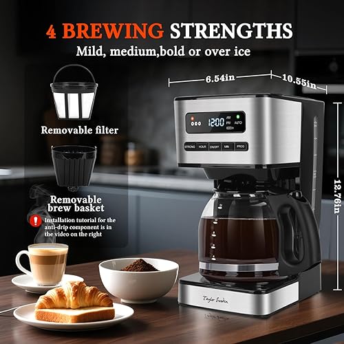 Miniatura 5 de Taylor Swoden Cafeteras programables de 12 tazas, cafetera caliente y helada, 4 de fuerza de preparación, pantalla LED, temporizador de 24 horas,