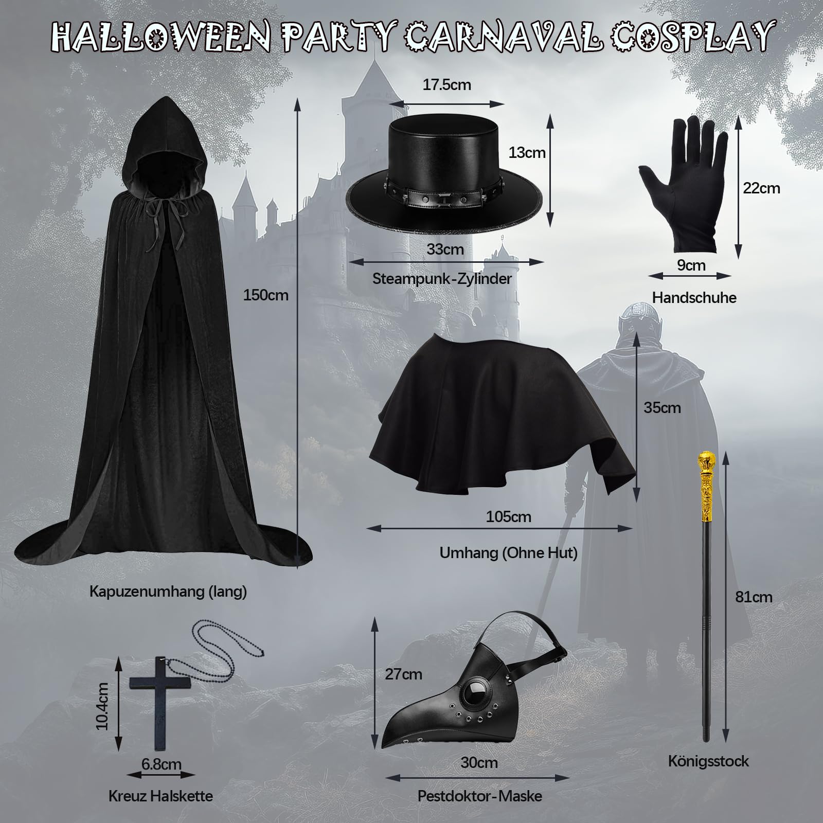 Męski kostium lekarza plagi, Halloween, średniowieczny, steampunk, Cosplay, maska na Halloween, kostium z zestawem akcesoriów na Halloween, karnawał, imprezę, czarny