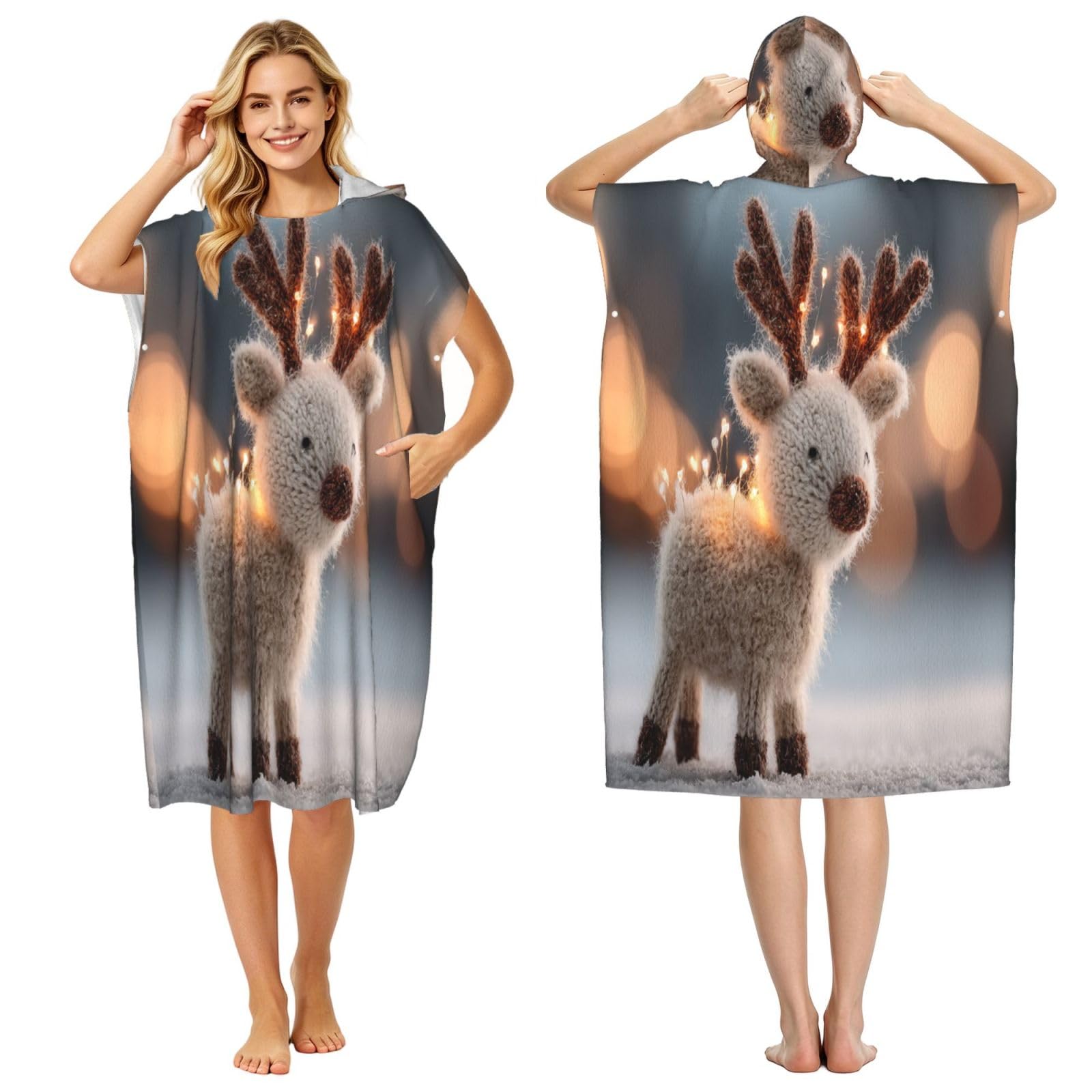DTHKJNLSF Knitted Christmas Deer Adult Hooded Beach Poncho Towel