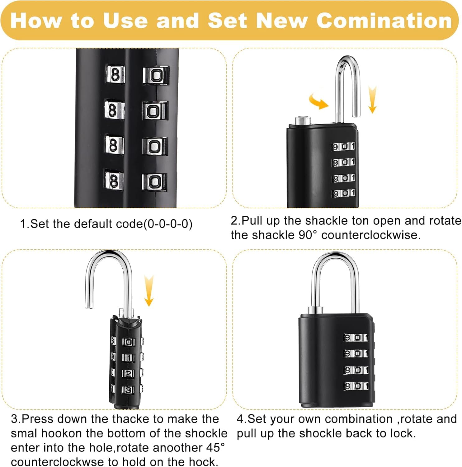 Jukusa 4-Digit Combination Padlock with Backup Key(1) | Heavy Duty Black Metal Security Lock | Resettable Code for Gym Locker, School, Travel, Gate & Storage Use (Black) 2
