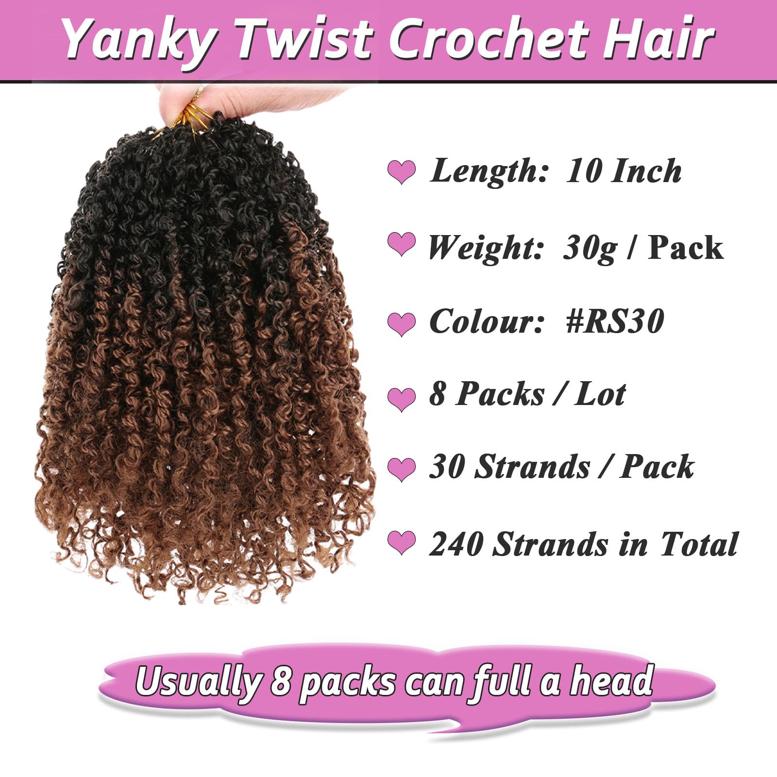 Samtress 8 Packs Pre-looped Yanky Crochet Hair 10 Inch Pre-twisted Mini Curly Twist Crochet Braids Ombre Brown Passion Twist Braiding Hair Bouncy Spring Hair Extensions (#RS30) - Image 2