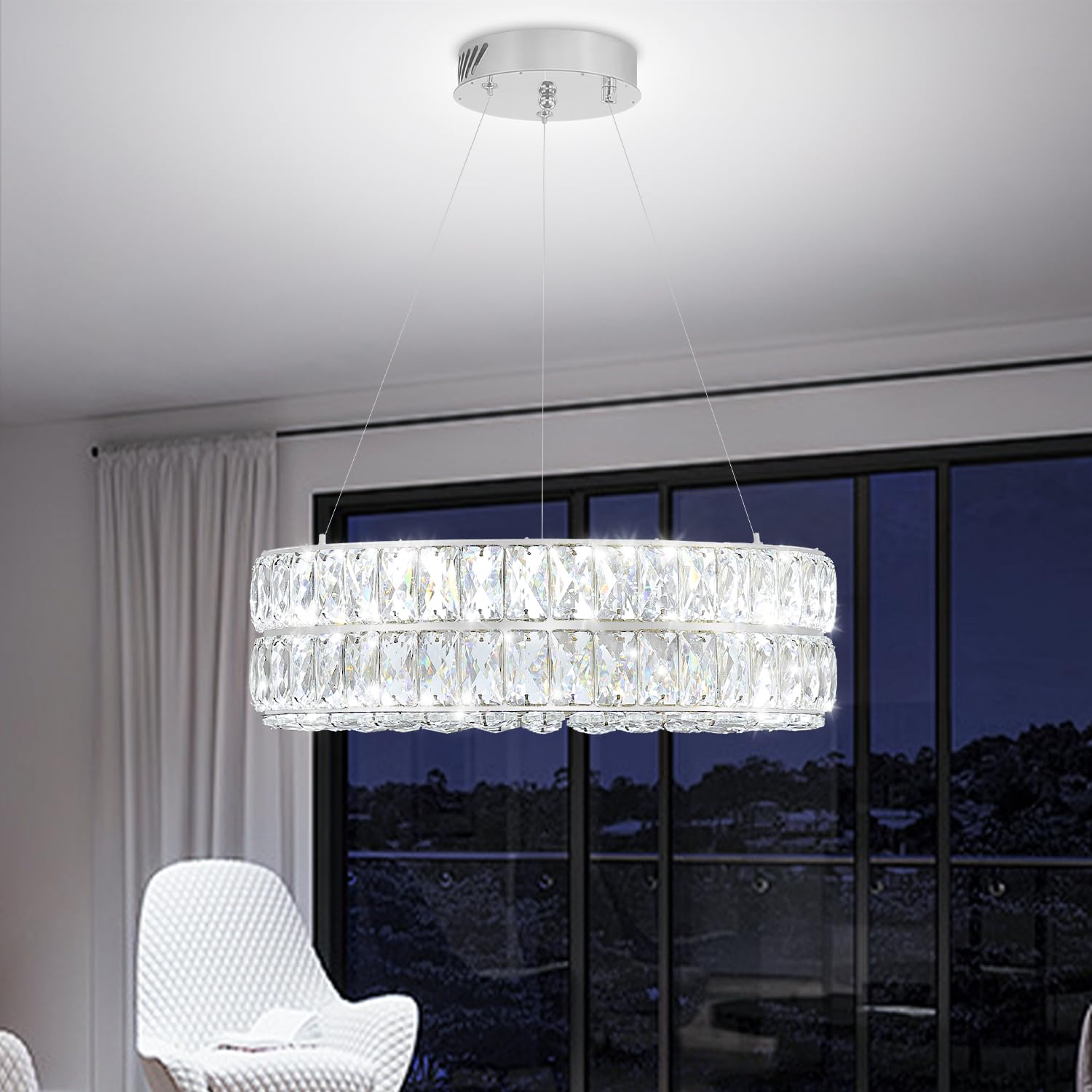 IDEQUY Led Ring Crystal Chandelier for Living Room, Modern Dimmable 15.7" Silver Crystal Chandeliers Lighting Adjustable Hanging Pendant Light for