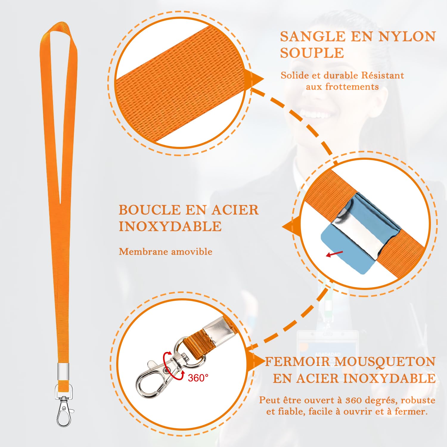 Lot de 100 Lanières Orange pour tour de Cou, Cordons pour Badge D'identité, Cordons avec Crochet Pivotant en Métal pour Porte-Carte D'identité