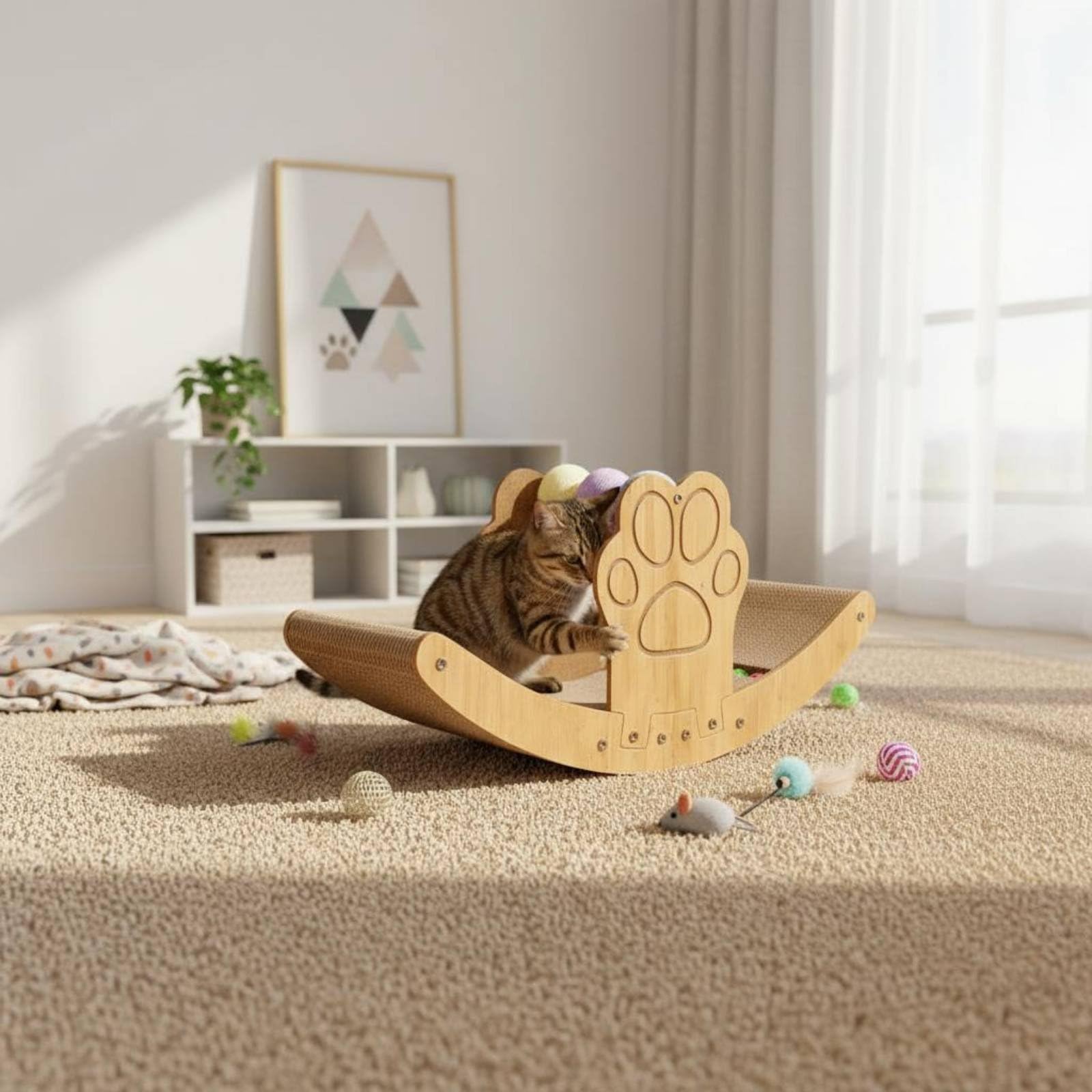 Kratzbrett Katzen Katzenliege Kratzmatte Katzenmöbel aus Extra Dicker Wellpappe mit Gewölbter Liegefläche Zum Klettern Und Ausruhen für Haustierbereich Wohnzimmer Büro, Boot+Wippe+Quadrat
